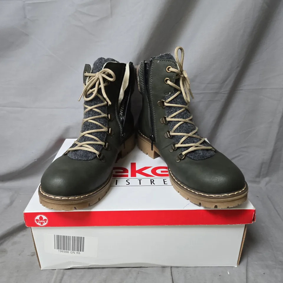 RIEKER ANTISTRESS HIKING BOOTS – OLIVE GREEN LEATHER & WOOL KNIT, UK 6