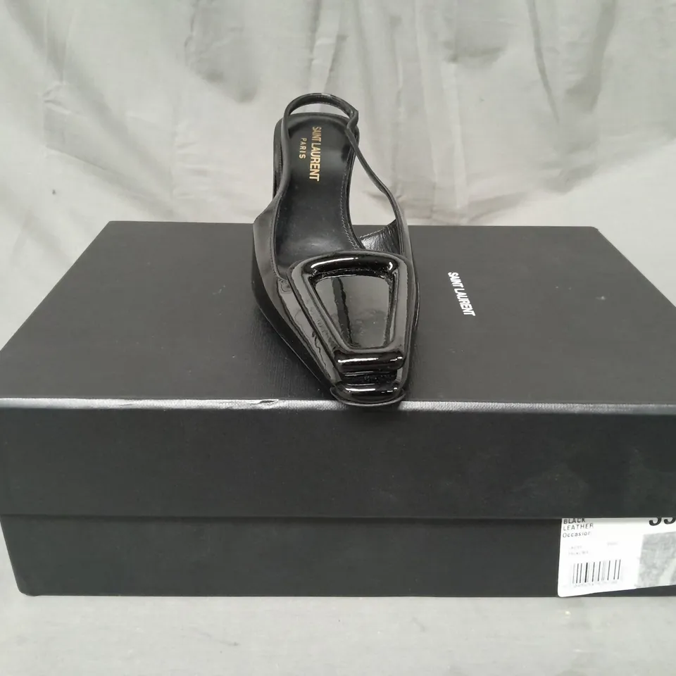 BOXED PAIR OF SAINT LAURENT PARIS CLOSED TOE LOW HEEL SHOES IN GLOSSY BLACK EU SIZE 35