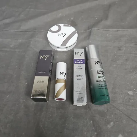 N07 LOT OF 5 ASSORTED SKINCARE PRODUCTS TO INCLUDE - PURE RETINOL EYE CREAM - DAMAGE REVERSAL NIGHT SERUM - PRO ARTIST FACE & EYE MULTI-STICK - ETC