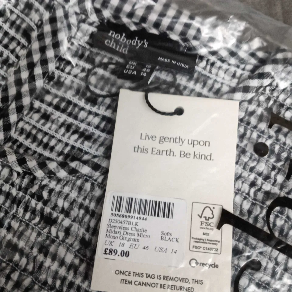 NOBODY'S CHILD SLEEVELESS CHARLIE MIDI DRESS – MICRO MONO GINGHAM, UK 18