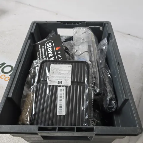 BOX CONTAINING A MIX OF 15 ASSORTED ITEMS INCLUDING WOOD GLUE, METAL PARTS, STOVE ROPE ETC.