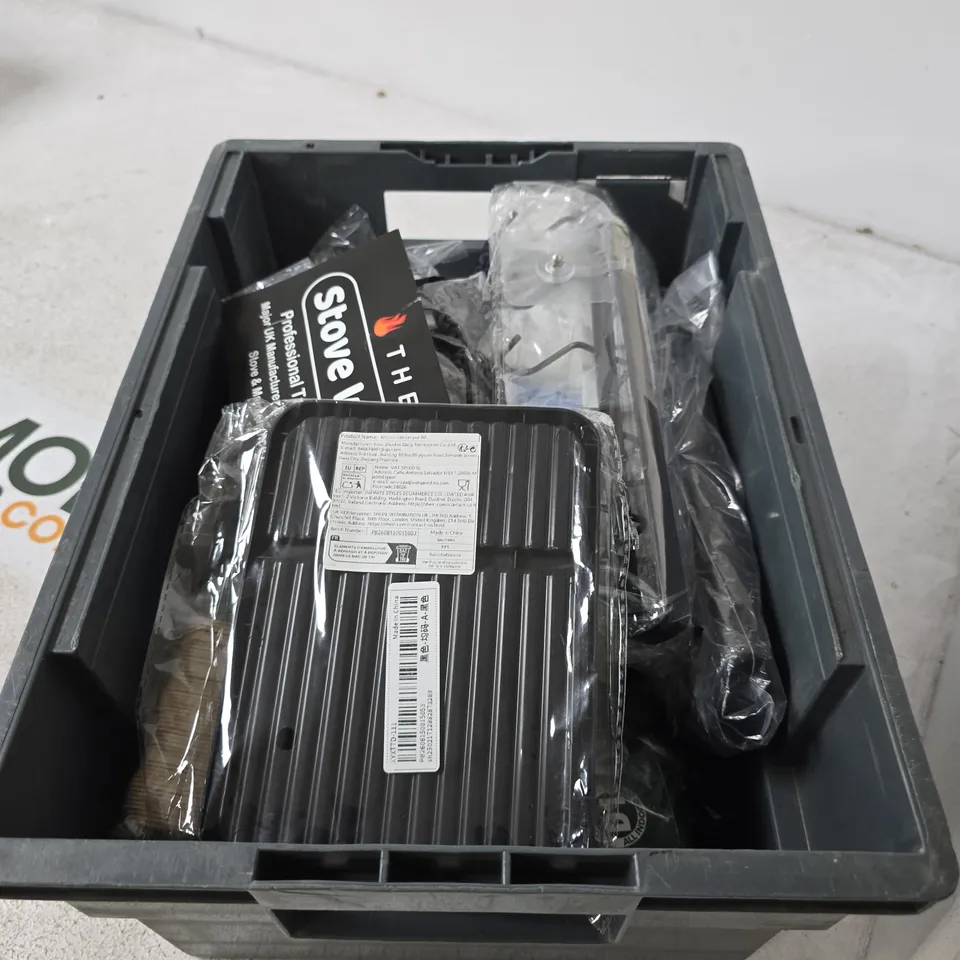 BOX CONTAINING A MIX OF 15 ASSORTED ITEMS INCLUDING WOOD GLUE, METAL PARTS, STOVE ROPE ETC.