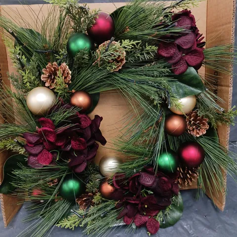 RED HYDRANGEA PRE-LIT CHRISTMAS WREATH