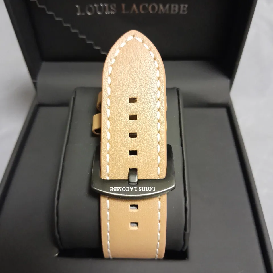 MENS LOUIS LACOMBE CHRONGRAPH WATCH WITH 3 SUB DIALS, BLACK CASE AND LEATHER STRAP