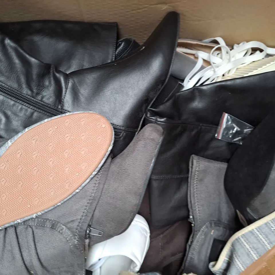 BOX OF APPROXIMATELY 10 ASSORTED PAIRS OF SHOES IN VARIOUS COLOURS, STYLES, AND SIZES