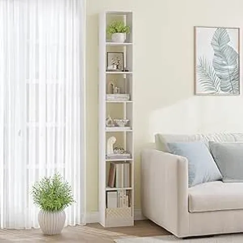 BOXED HZUANERI BOOKCASE, TALL NARROW BOOKSHELF - WHITE (1 BOX)