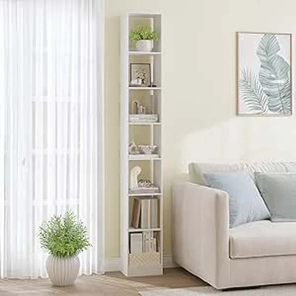 BOXED HZUANERI BOOKCASE, TALL NARROW BOOKSHELF - WHITE (1 BOX)