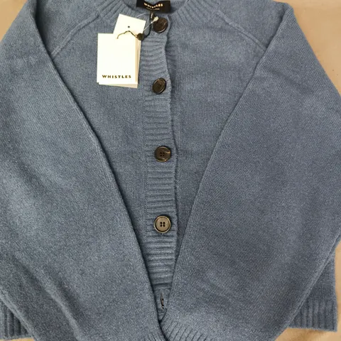 WHISTLES WOOL MIX CREW CARDIGAN IN BLUE SIZE MEDIUM