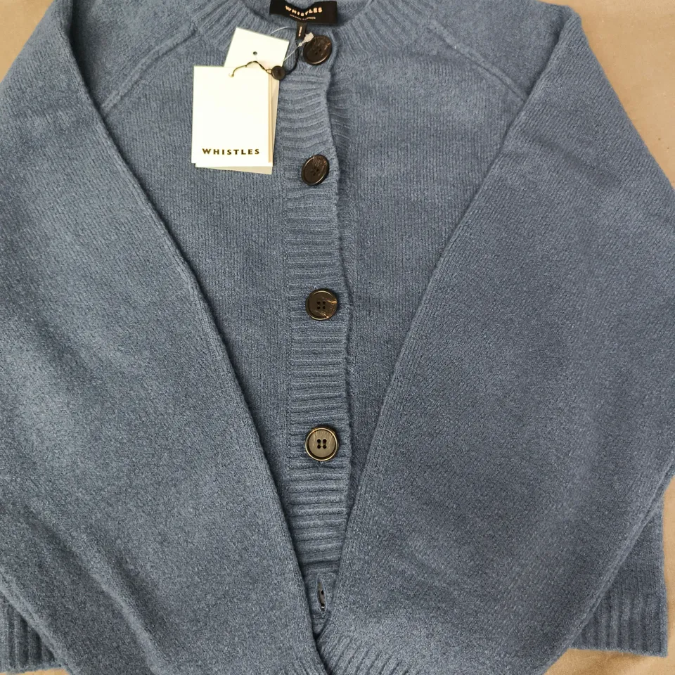 WHISTLES WOOL MIX CREW CARDIGAN IN BLUE SIZE MEDIUM