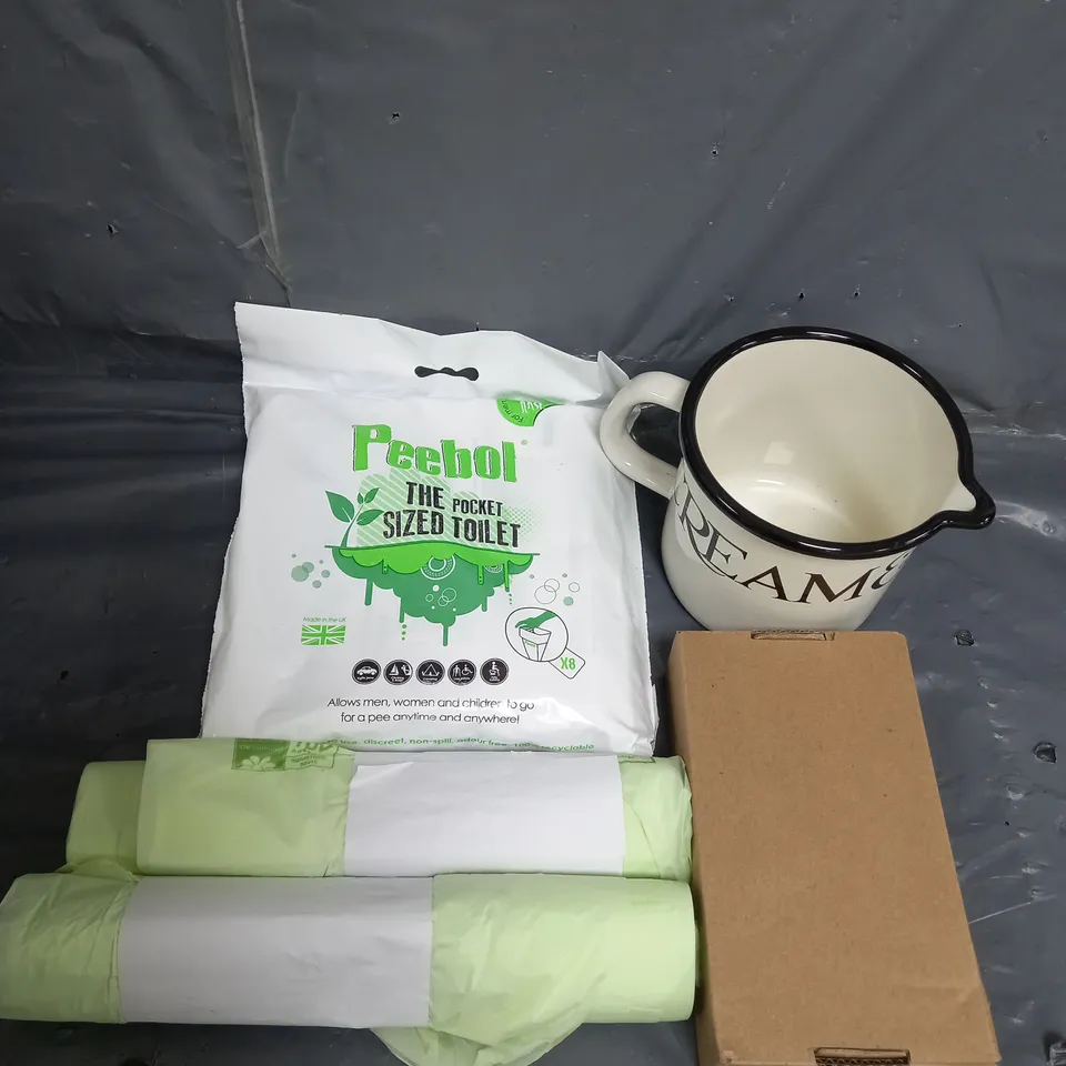 APPROXIMATELY 10 ASSORTED HOUSEHOLD ITEMS TOO INCLUDE MUGS , BIN BAGS , FABRIC DYE , ETC 