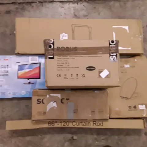 PALLET OF ASSORTED PRODUCTS INCLUDING BLUE LIGHT SCREEN PROTECTOR, 66"-120" CURTAIN ROD, KIDS SCOOTER, MUTE SEAT COVER, GARMENT RACK, LED STRIP LIGHT