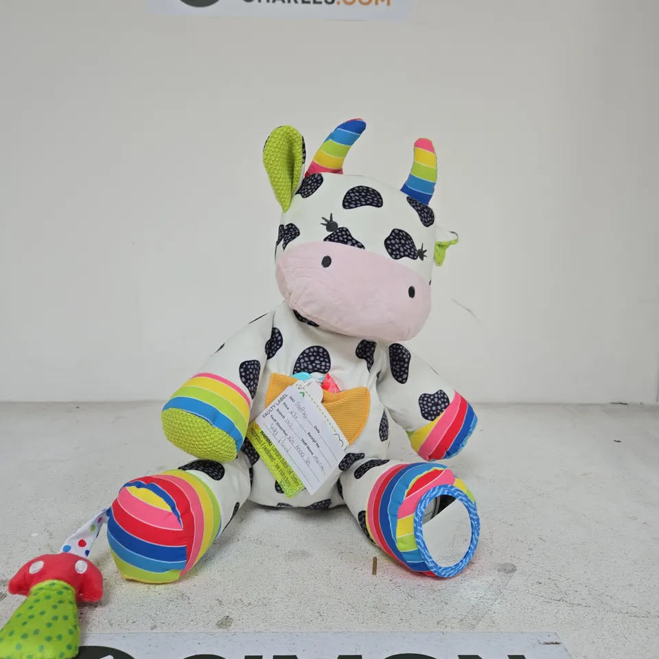 RAINBOW HORNED COW PLUSH TOY – SOFT WHITE WITH BLACK SPOTS