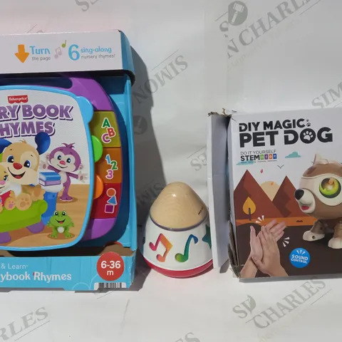 BOX OF APPROXIMATELY 10 ASSORTED TOYS AND GAMES TO INCLUDE FISHER-PRICE STORY BOOK RHYMES, HAPE BABY SLEEP AID MUSICAL CONE, DIY MAGIC PET DOG, ETC