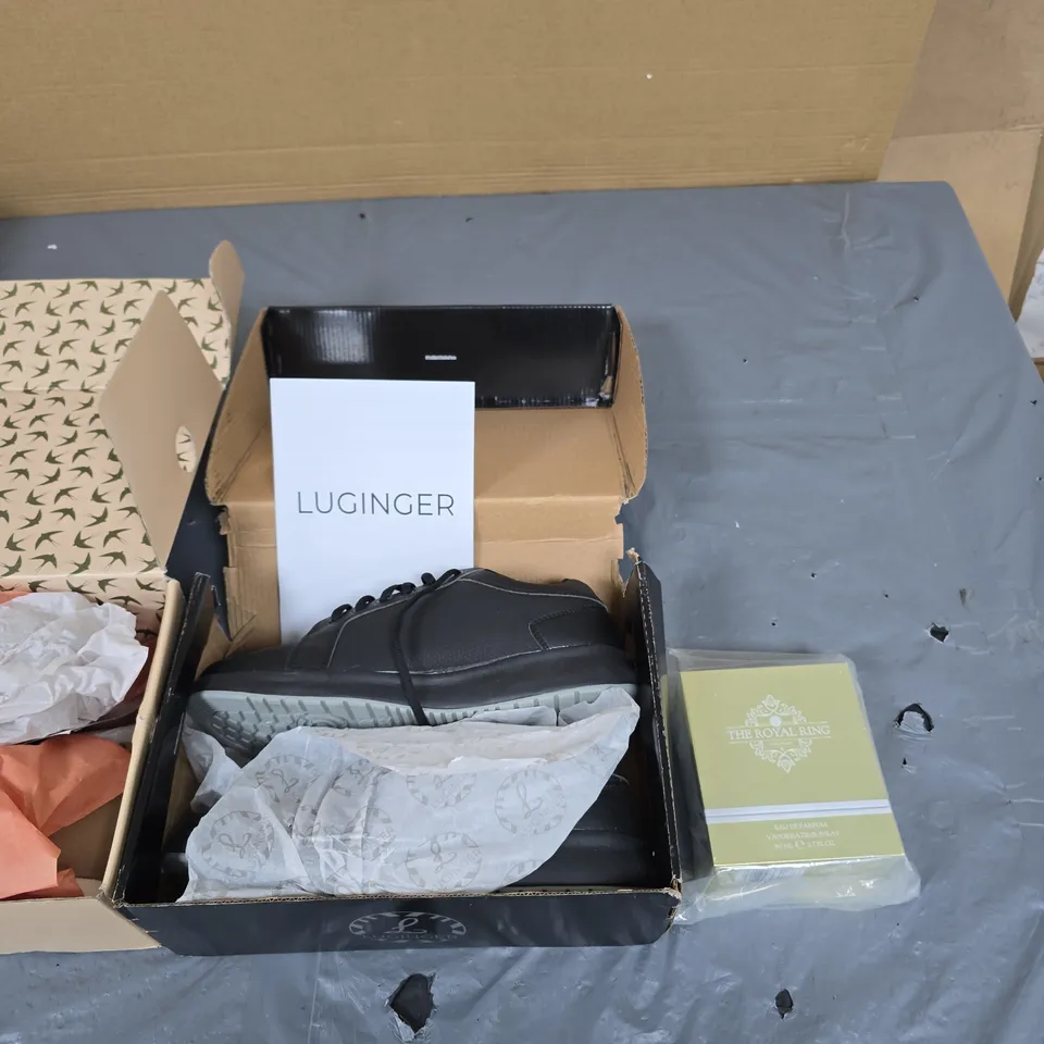 LUGINGER WOMEN'S SHOES – BOOTS & SNEAKERS SET (BOXED) ALONG WITH A JOB LOT OF ASSORTED HOUSEHOLD ITEMS APPROXIMATELY 7 ITEMS.
