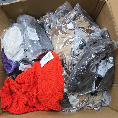 LARGE BOX OF ASSORTED CLOTHING ITEMS IN VARIOUS COLOURS, STYLES AND SIZES