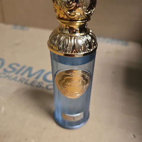 BLUE GLASS PERFUME BOTTLE WITH ORNATE GOLD CAP – FRAGRANCE 