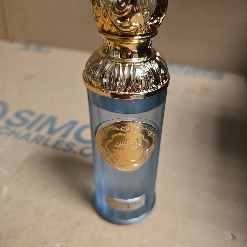 BLUE GLASS PERFUME BOTTLE WITH ORNATE GOLD CAP – FRAGRANCE