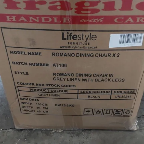 BOXED ROMANO DINING CHAIR IN GREY LINEN WITH BLACK LEGS - SET OF 2