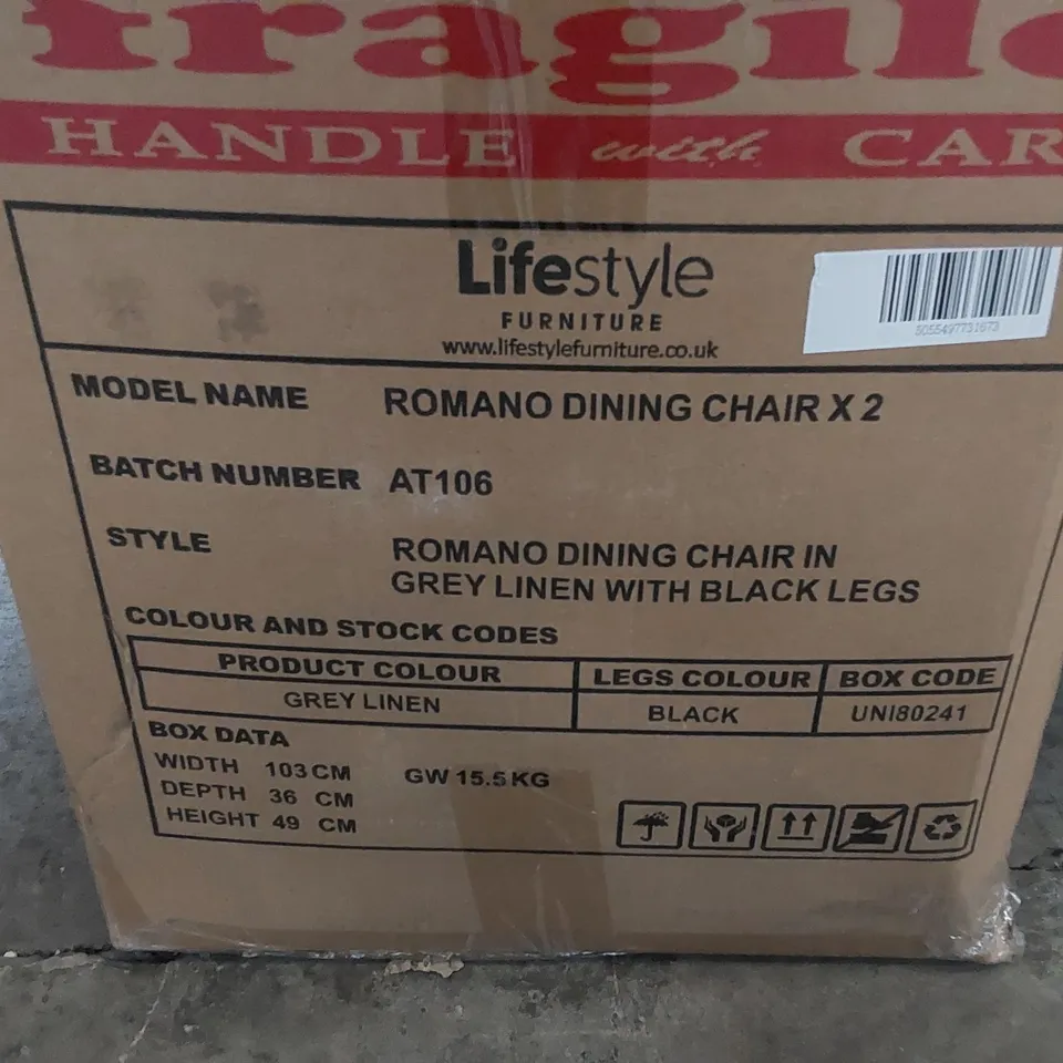 BOXED ROMANO DINING CHAIR IN GREY LINEN WITH BLACK LEGS - SET OF 2