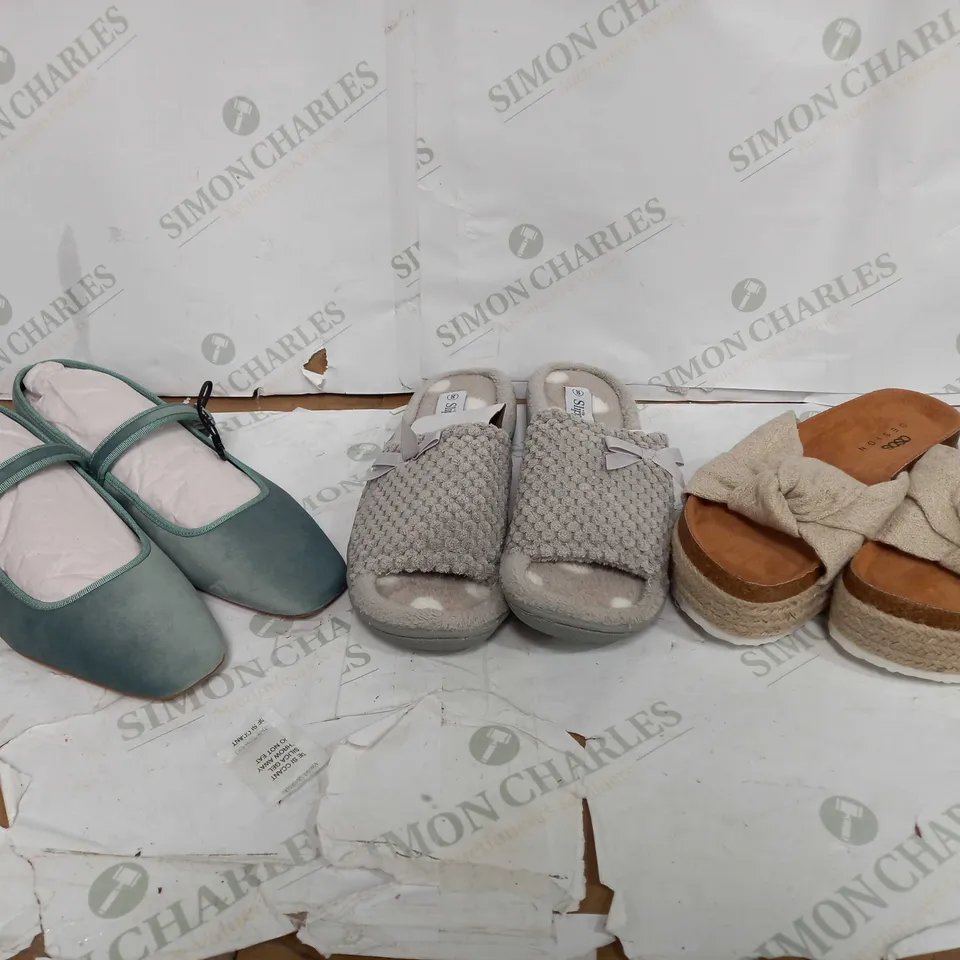 BOX OF APPROXIMATELY 20 ASSORTED PAIRS OF UNBOXED SHOES OF VARIOUS SIZES AND STYLES TO INCLUDE ZARA, ASOS, THE SLIPPER COMPANY, ETC