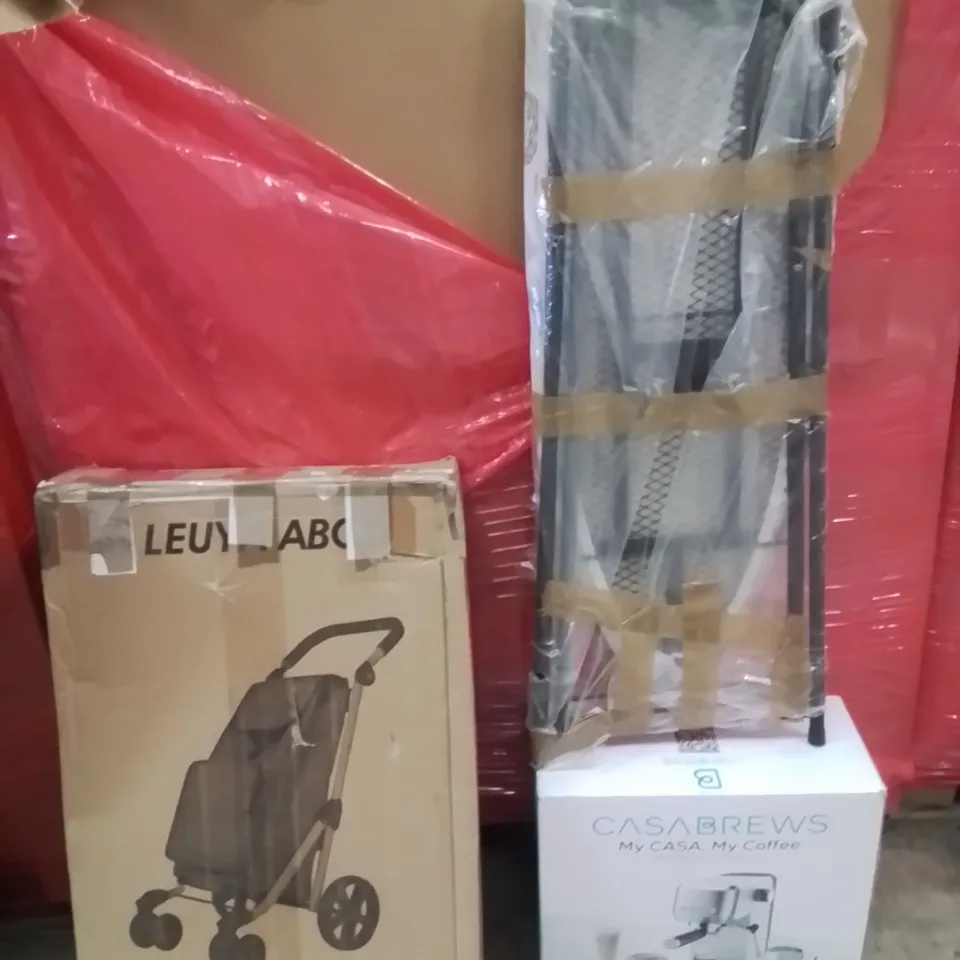 PALLET OF ASSORTED HOUSEHOLD GOODS AND PRODUCTS TO INCLUDE;UTILITY CART,COFFEE MACHINE,IRONING BOARD