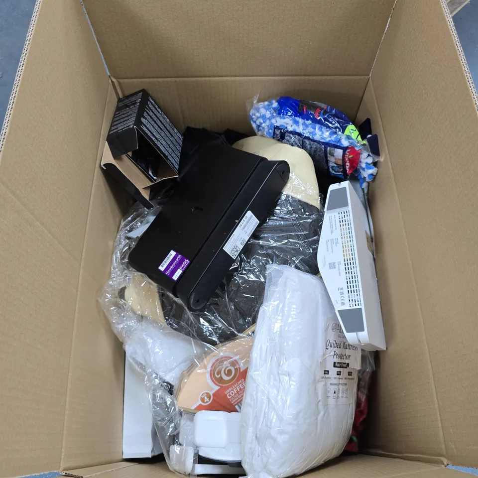 BOX OF APPROXIMATELY 20 ASSORTED HOUSEHOLD ITEMS TO INCLUDE ROUTERS, MATTRESS PROTECTOR ETC