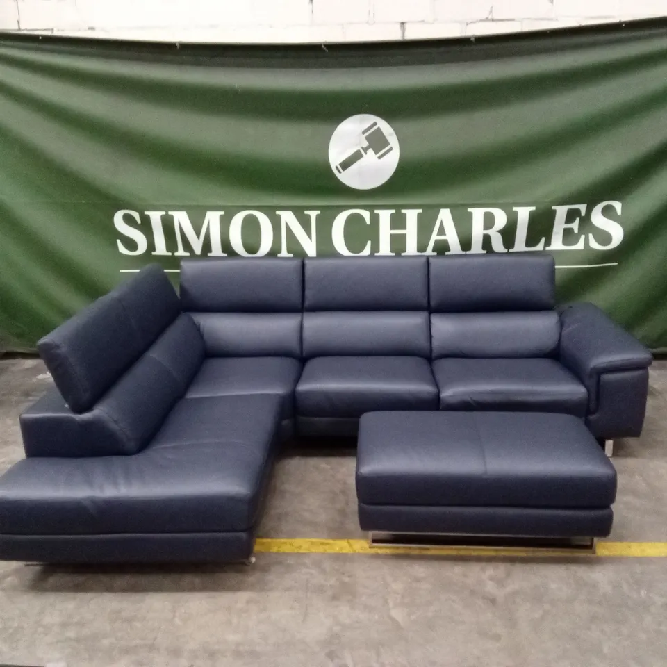 QUALITY DESIGNER ITALIAN MADE CARLO ELECTRIC RECLINING LEATHER UPHOLSTERED CORNER CHAISE SOFA WITH FOOTSTOOL - DEEP BLUE