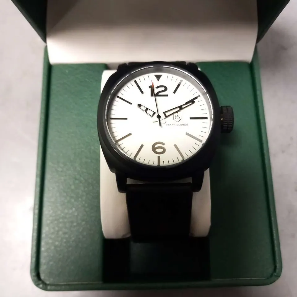 BOXED FRANK SCHMIDT BLACK FRAMED WRIST WATCH WITH SILVER FACE AND BLACK STRAP