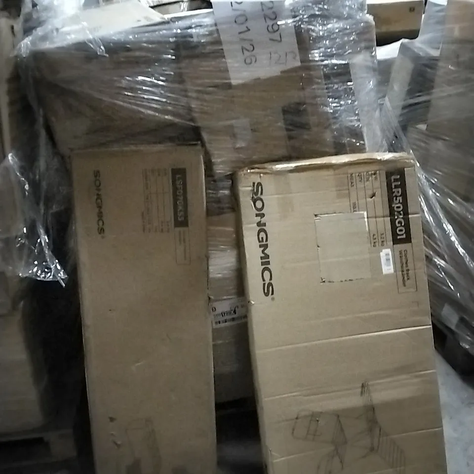 PALLET OF HOUSEHOLD ITEMS TO INCLUDE STORAGE OTTOMANS, CLOTHES RACK, END TABLE, SHOE RACKS AND OTHER ASSORTED ITEMS...