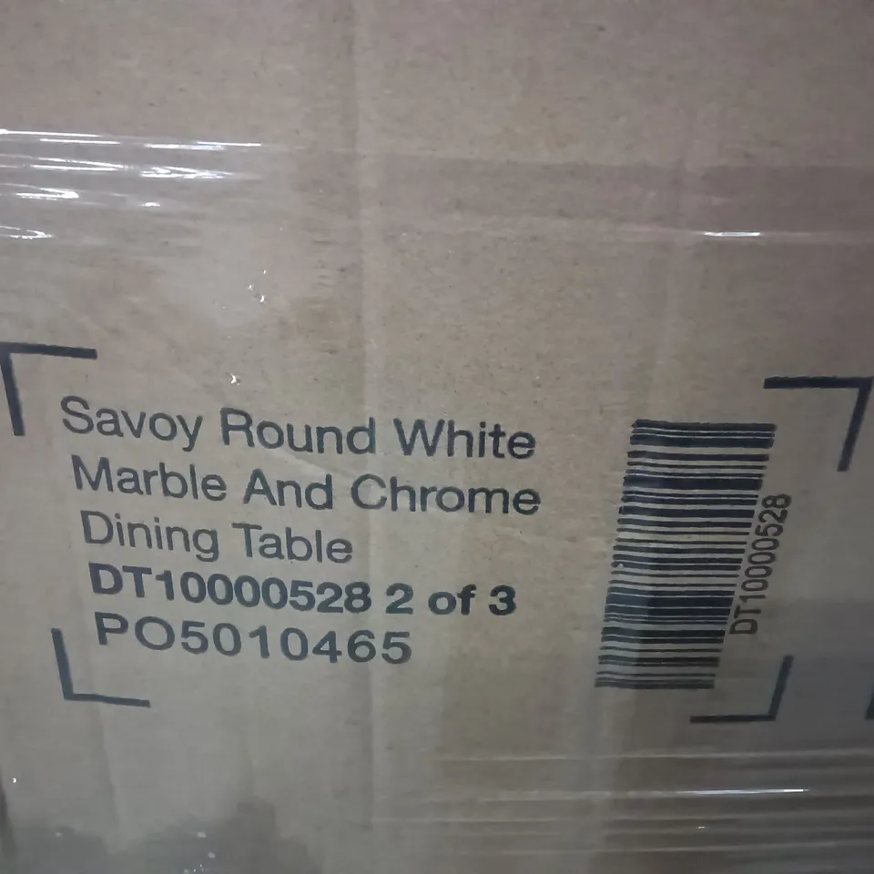 PALLET CONTAINING 12 SAVOY ROUND WHITE MARBLE AND CHROME DINING TABLE PARTS - ALL BOXES 2 OF A 3 BOX SET