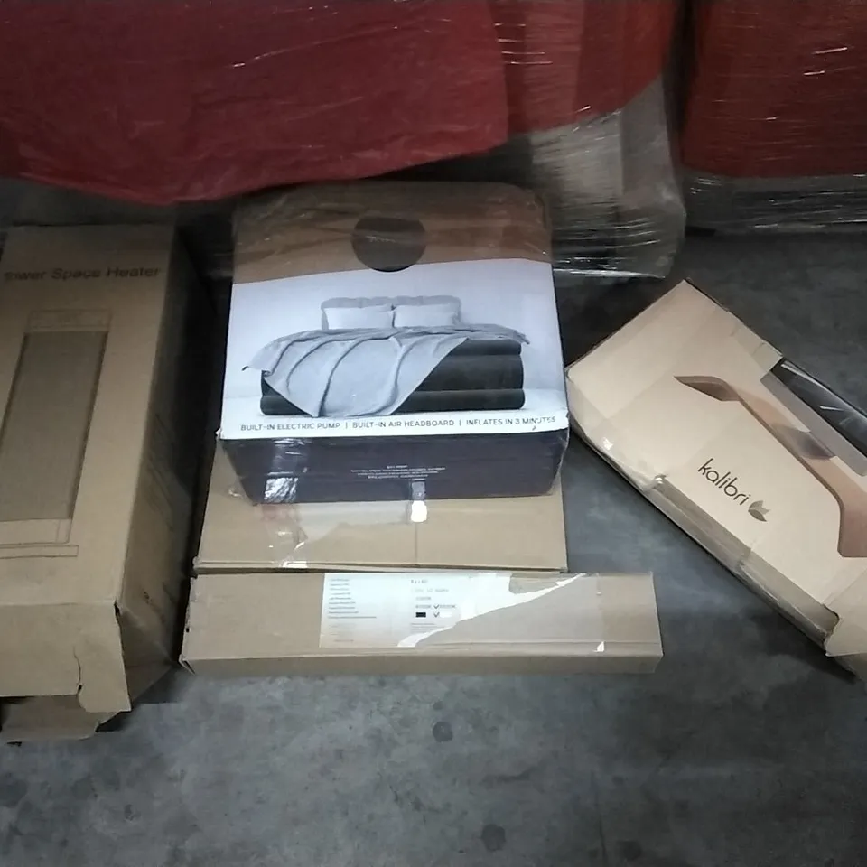 PALLET OF ASSORTED ITEMS TO INCLUDE: TOWER SPACE HEATER, KALIBRI MONITIR STAND, AIR BED WITH BUILT IN PUMP ETC