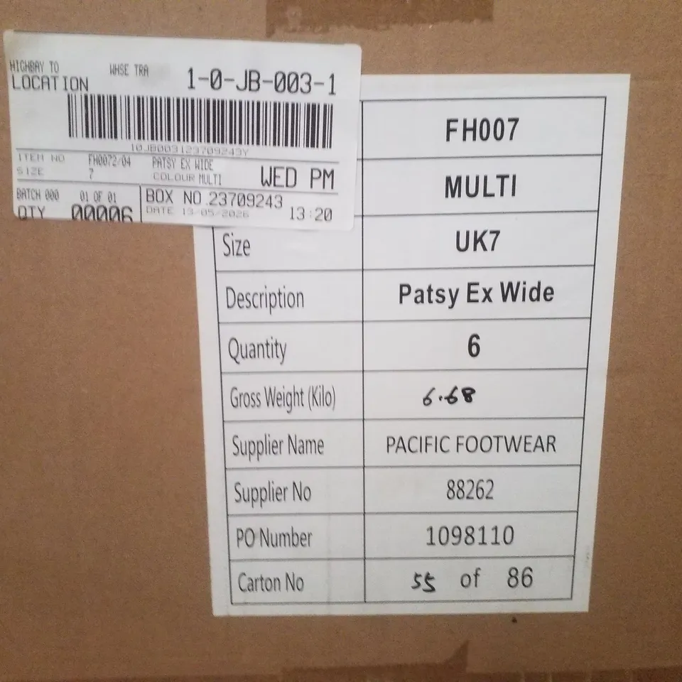 BOX CONTAINING APPROXIMATELY 6 BRAND NEW PAIRS OF SIMPLY BE MULTI PLATFORM HEEL EX WIDE - SIZE 7