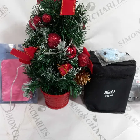 BOX OF 15 ASSORTED ITEMS TO INCLUDE - FOLDABLE SHOPPER - MINI CHRISTMAS TREE - AXCALIBER PROFILE KNIFES ECT