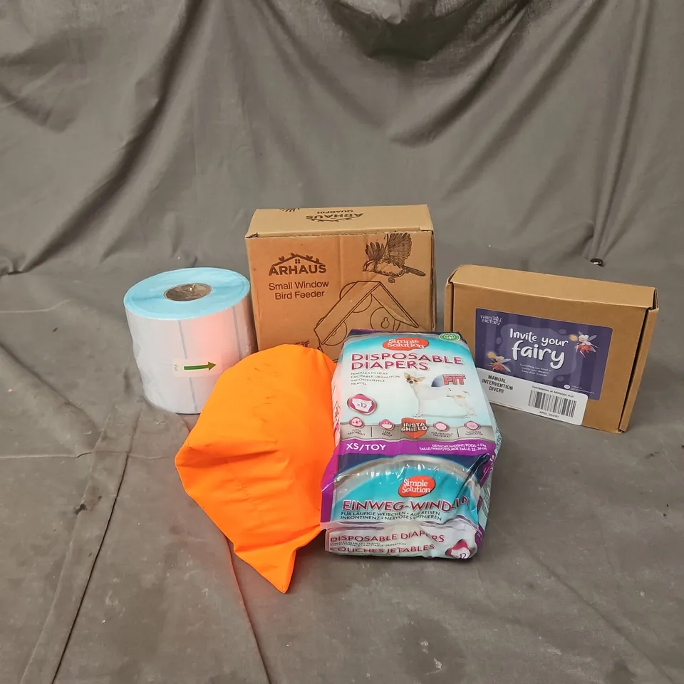 BOX OF APPROXIMATELY 20 ASSORTED ITEMS TO INCLUDE PRINTER LABELS, PACK AWAY JACKET, BIRD FEEDER, "FAIRY DOOR" ETC