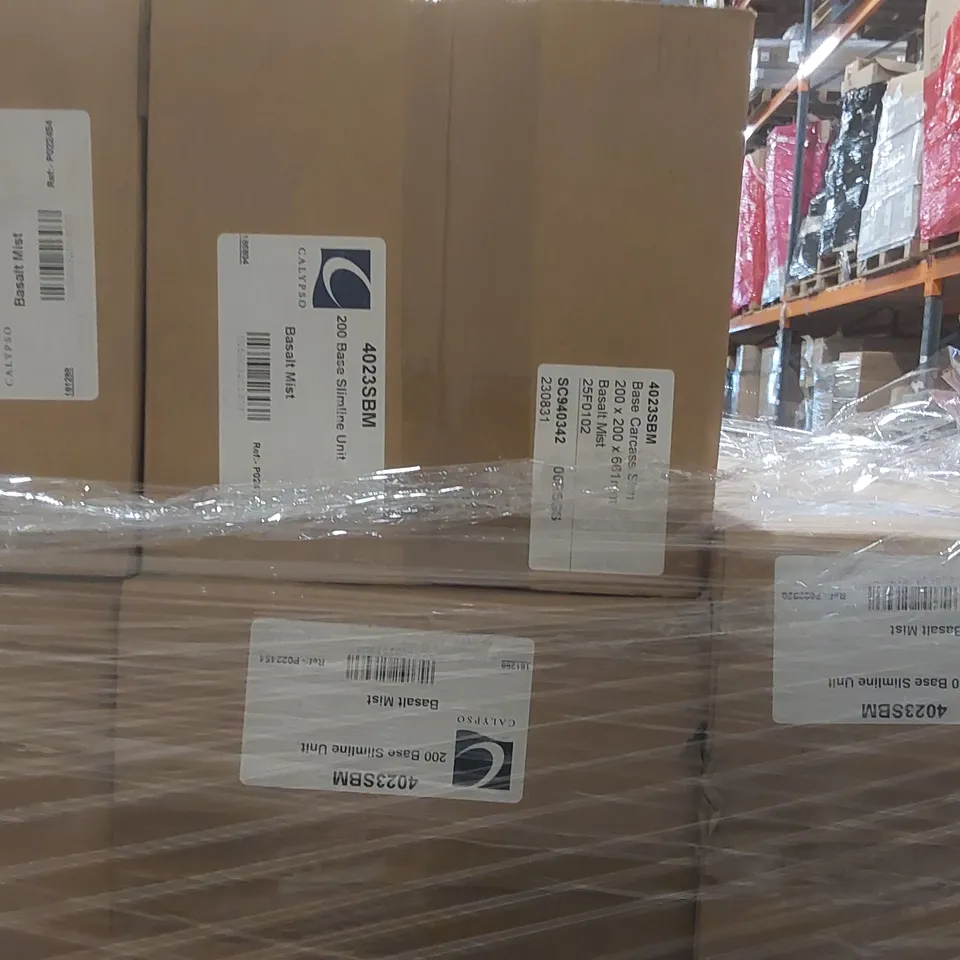 PALLET CONTAINING A LARGE QUANTITY OF ASSORTED BATHROOM FURNITURE PARTS INCLUDING: BASE SLIMLINE CARCASSES, OPEN TOP TOILET ROLL CARCASSES, 2 DRAWER CARCASSES ECT