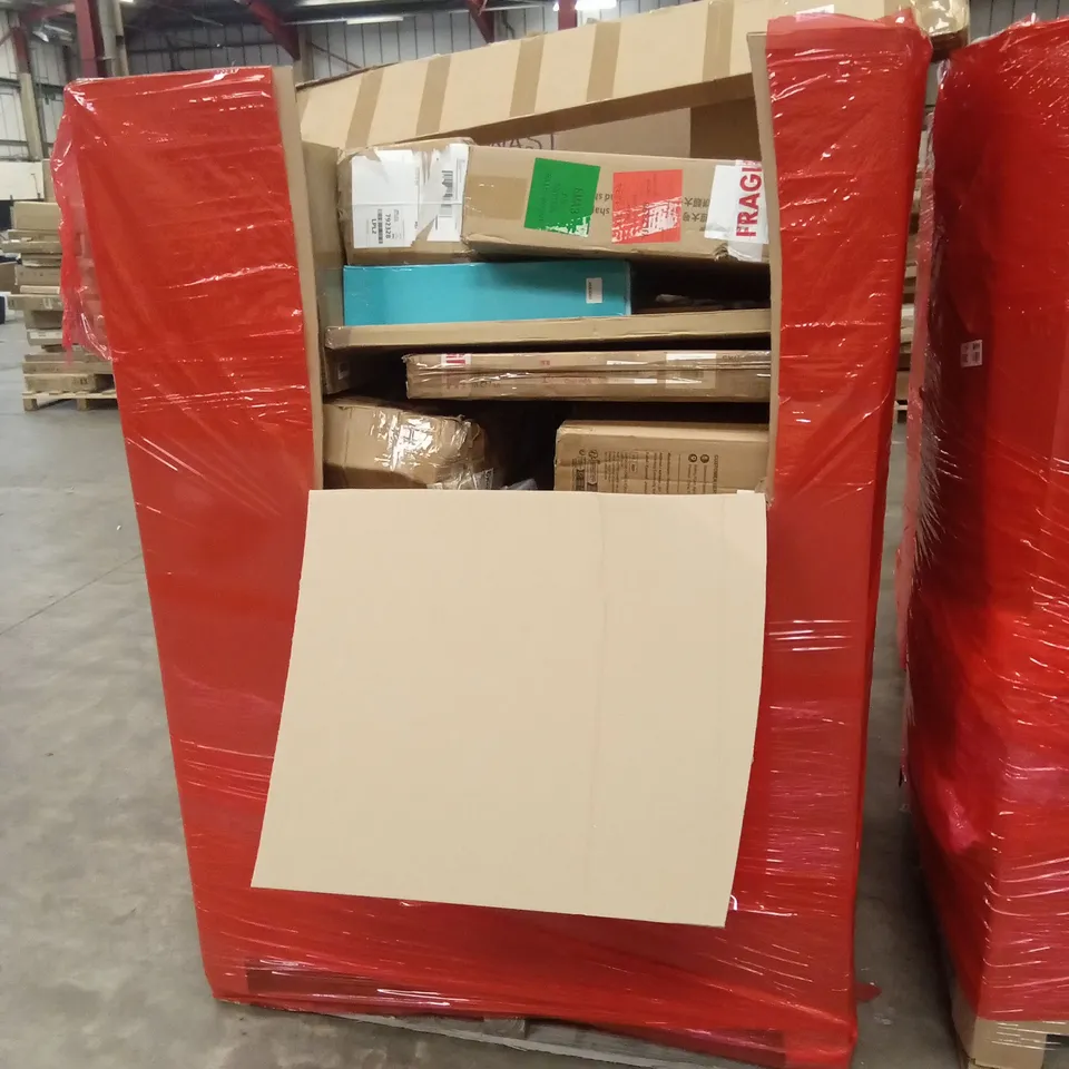 PALLET OF ASSORTED HOUSEHOLD GOODS AND PRODUCTS TO INCLUDE; GARDEN CHAIR, MIRROR, BOXED FURNITURE ETC