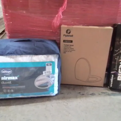 PALLET OF ASSORTED HOUSEHOLD PRODUCTS AND ITEMS TO INCLUDE; FUNESLA PRO KIT,TOILET SEATS,AIRMAN DUVET KINGSIZE