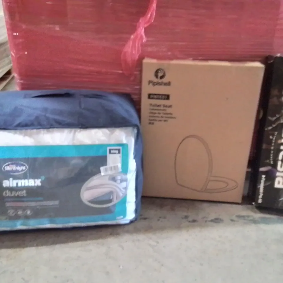 PALLET OF ASSORTED HOUSEHOLD PRODUCTS AND ITEMS TO INCLUDE; FUNESLA PRO KIT,TOILET SEATS,AIRMAN DUVET KINGSIZE