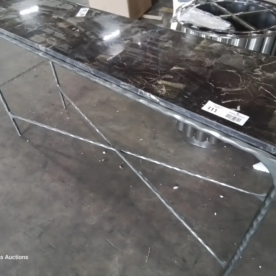 DESIGNER BLACK MARBLE CONSOLE TABLE ON METAL SUPPORTS
