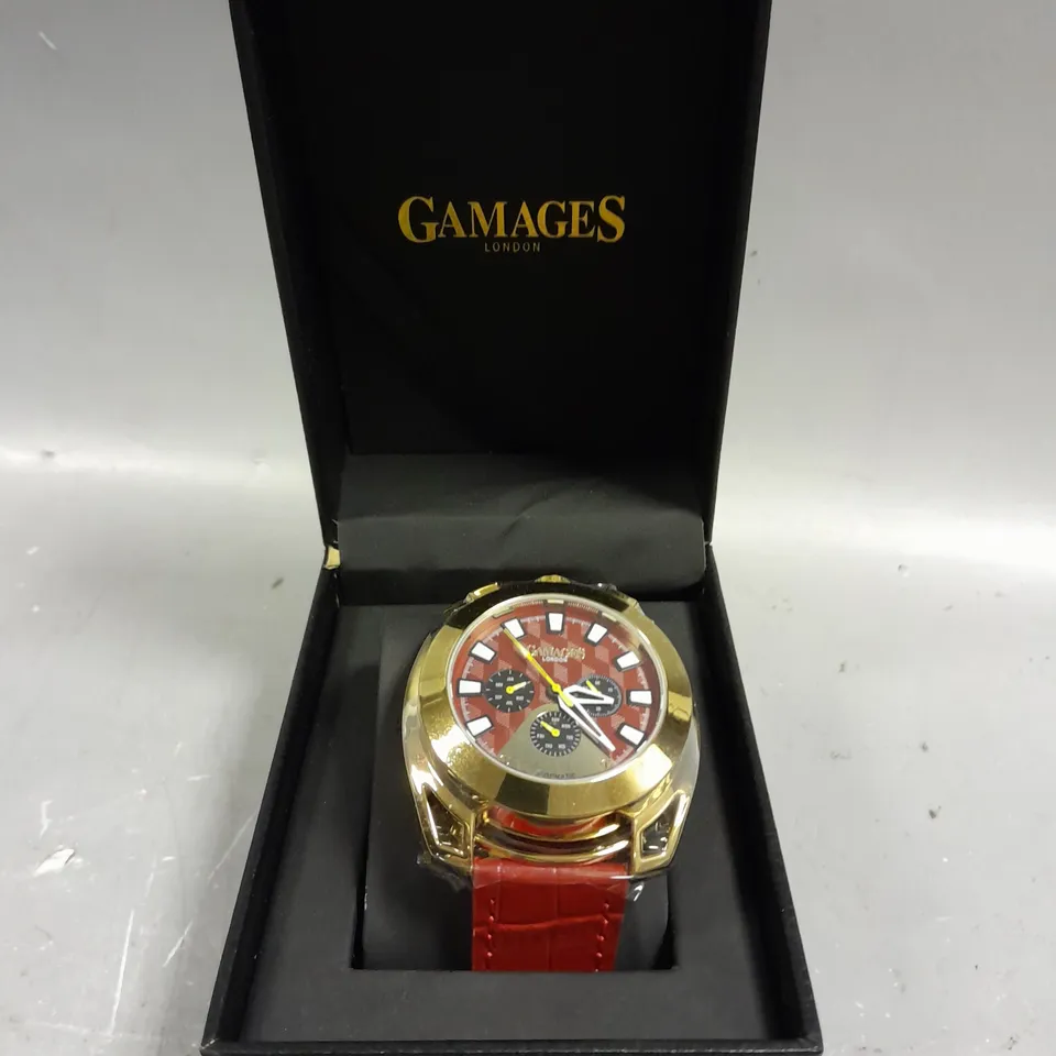 GAMAGES STATURE GOLD CASING RED DIAL WATCH 