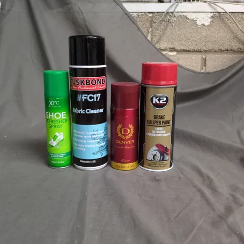 APPROXIMATELY 15 ASSORTED AEROSOLS TO INCLUDE SHOE REFRESHER SPRAY, BRAKE CALIPER PAINT AND TUSKBOND FABRIC CLEANER
