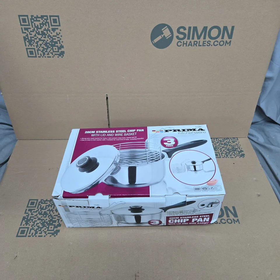 PRIMA KITCHENWARE 20CM STAINLESS STEEL CHIP PAN WITH LID AND WIRE BASKET