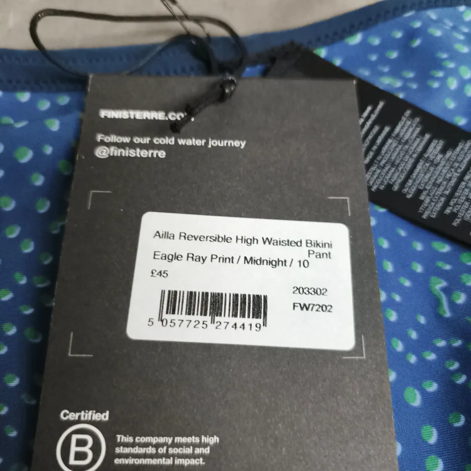 FINISTERRE AILA REVERSIBLE HIGH-WAISTED BIKINI BOTTOM – EAGLE RAY PRINT, MIDNIGHT – UK 10