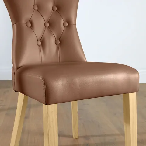BOXED BEWLEY DINING CHAIR, TAN CLASSIC FAUX LEATHER & DARK SOLID WOOD