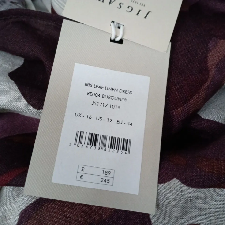JIGSAW IRIS LEAF LINEN DRESS – BURGUNDY, UK 16 (US 12 / EU 44)