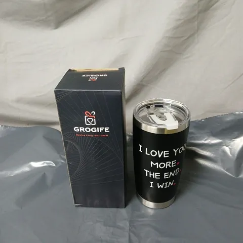 GROGIFE BOXED TUMBLER FEATURING MESSAGE: "I LOVE YOU MORE. THE END. I WIN" GIFT, WITH STRAW.