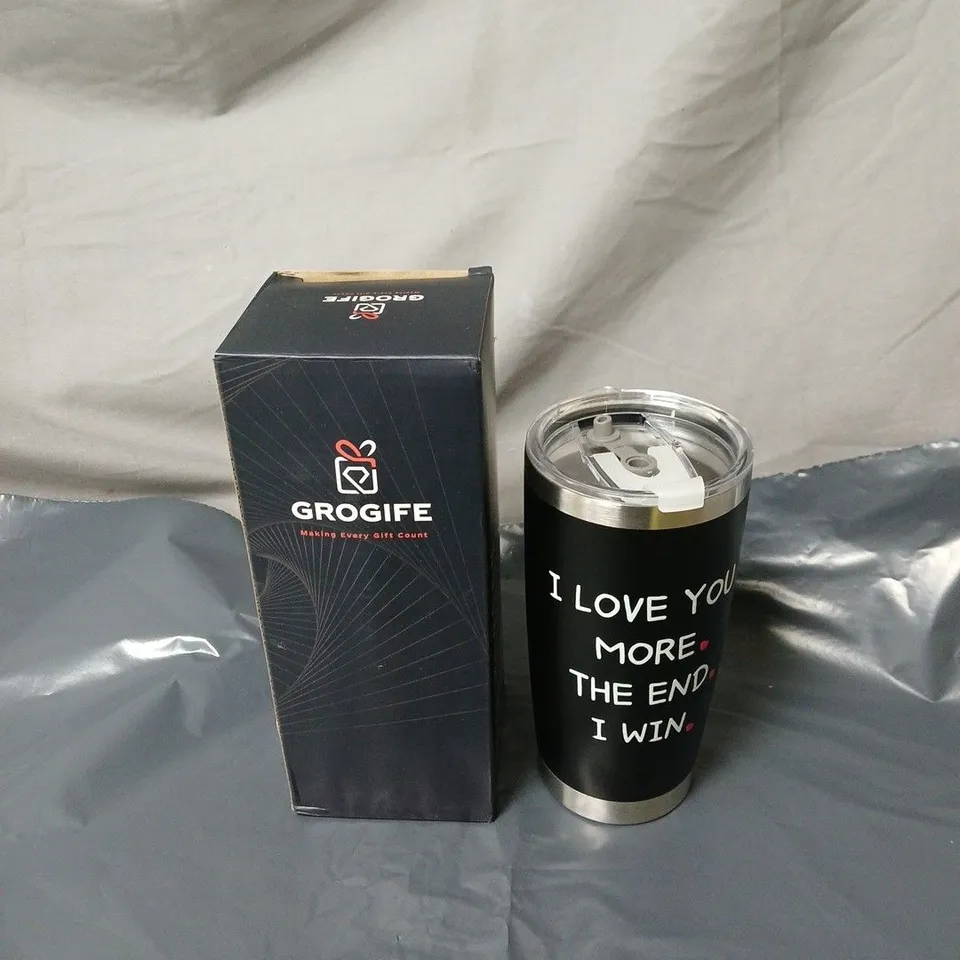 GROGIFE BOXED TUMBLER FEATURING MESSAGE: "I LOVE YOU MORE. THE END. I WIN" GIFT, WITH STRAW.