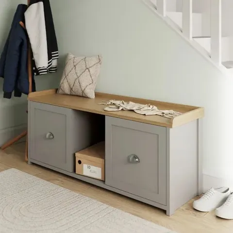 BOXED GFW LANCASTER 2 DOOR GREY AND OAK SHOE BENCH (1 BOX)