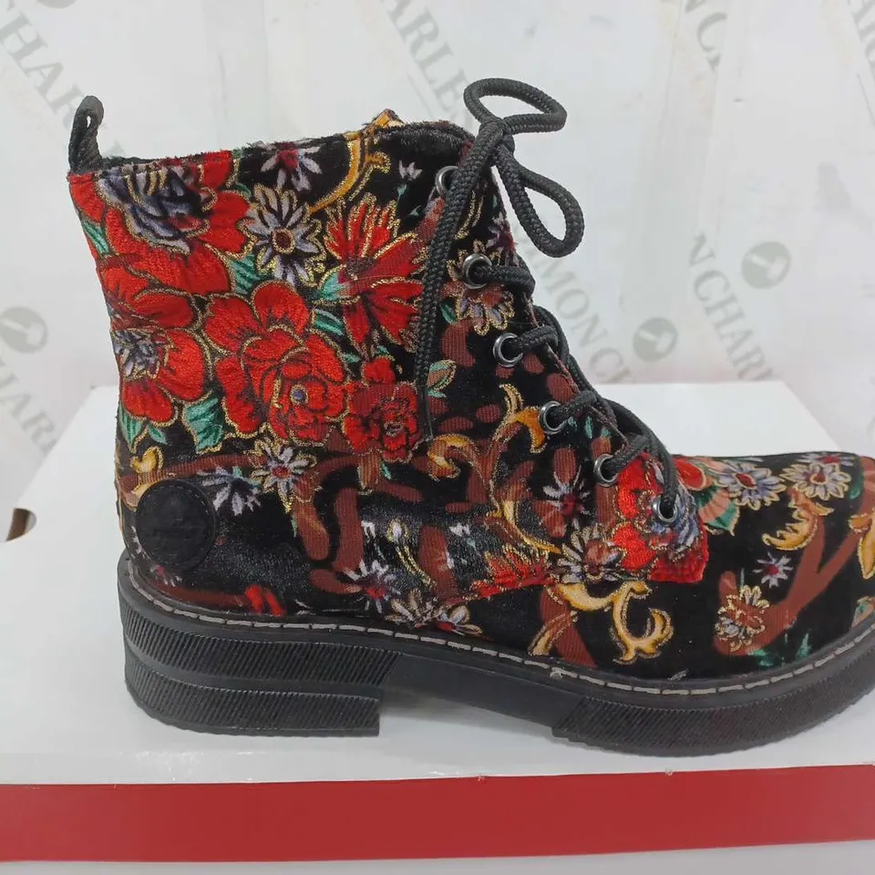 BOXED PAIR OF RIEKER LACE UP BOOTS MULTI/FLORAL PATTERN - SIZE 38