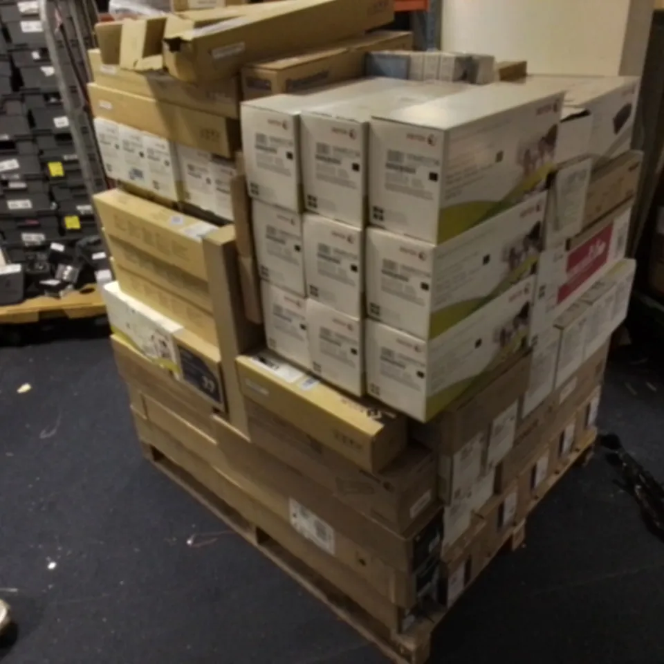 PALLET OF APPROXIMATELY 80 ASSORTED REPLACEMENT PRINTER CATRRIDGES TO INCLUDE XEROX, PANASONIC, KATUN, KYOCERA, BROTHER 
